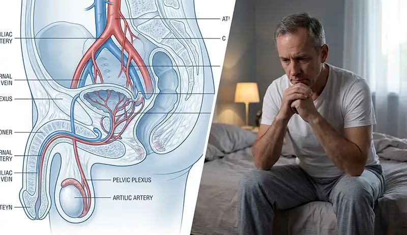 Illustration of vascular blood flow and penile tissue collagen structure relevant to erectile dysfunction
